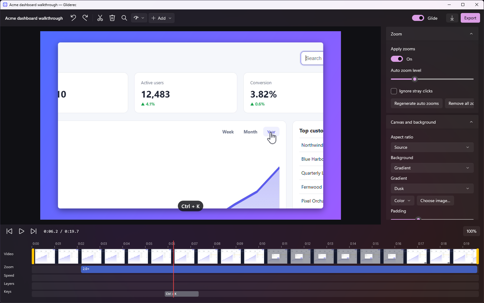 The Gliderec editor with preview and timeline.