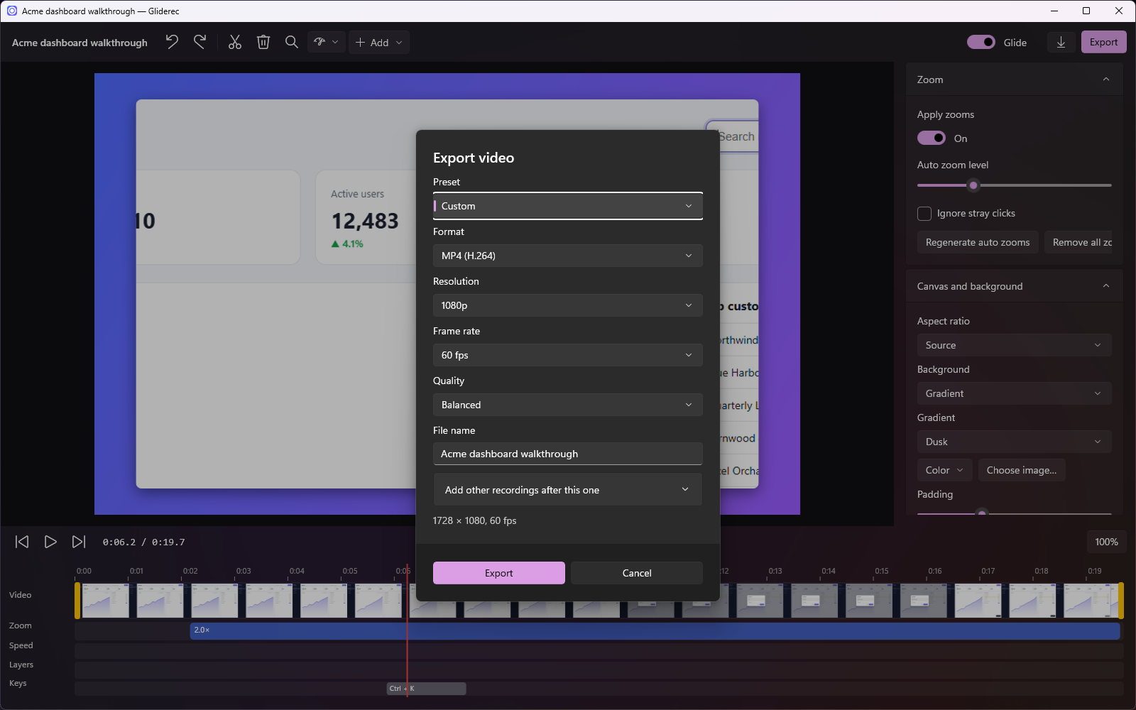 The Gliderec export dialog.