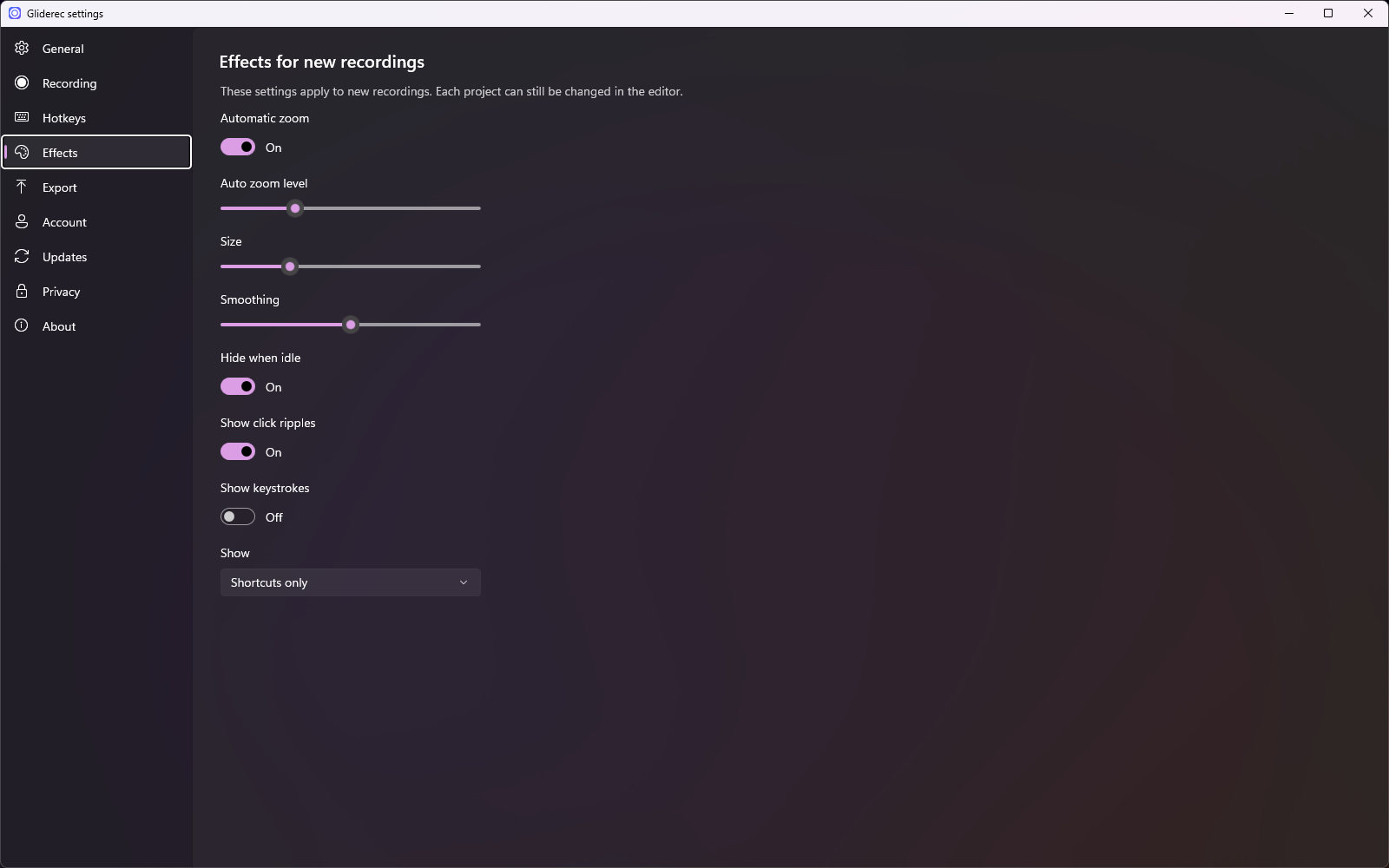 Gliderec settings.